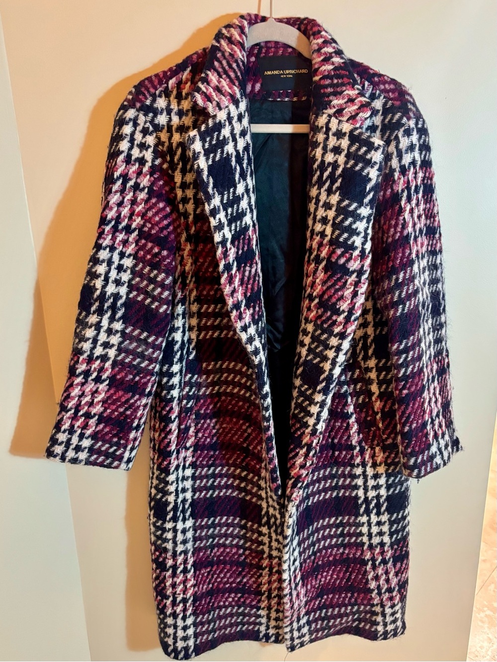 Amanda Uprichard Navy & Plum Plaid Wool-Blend Coat Size Small